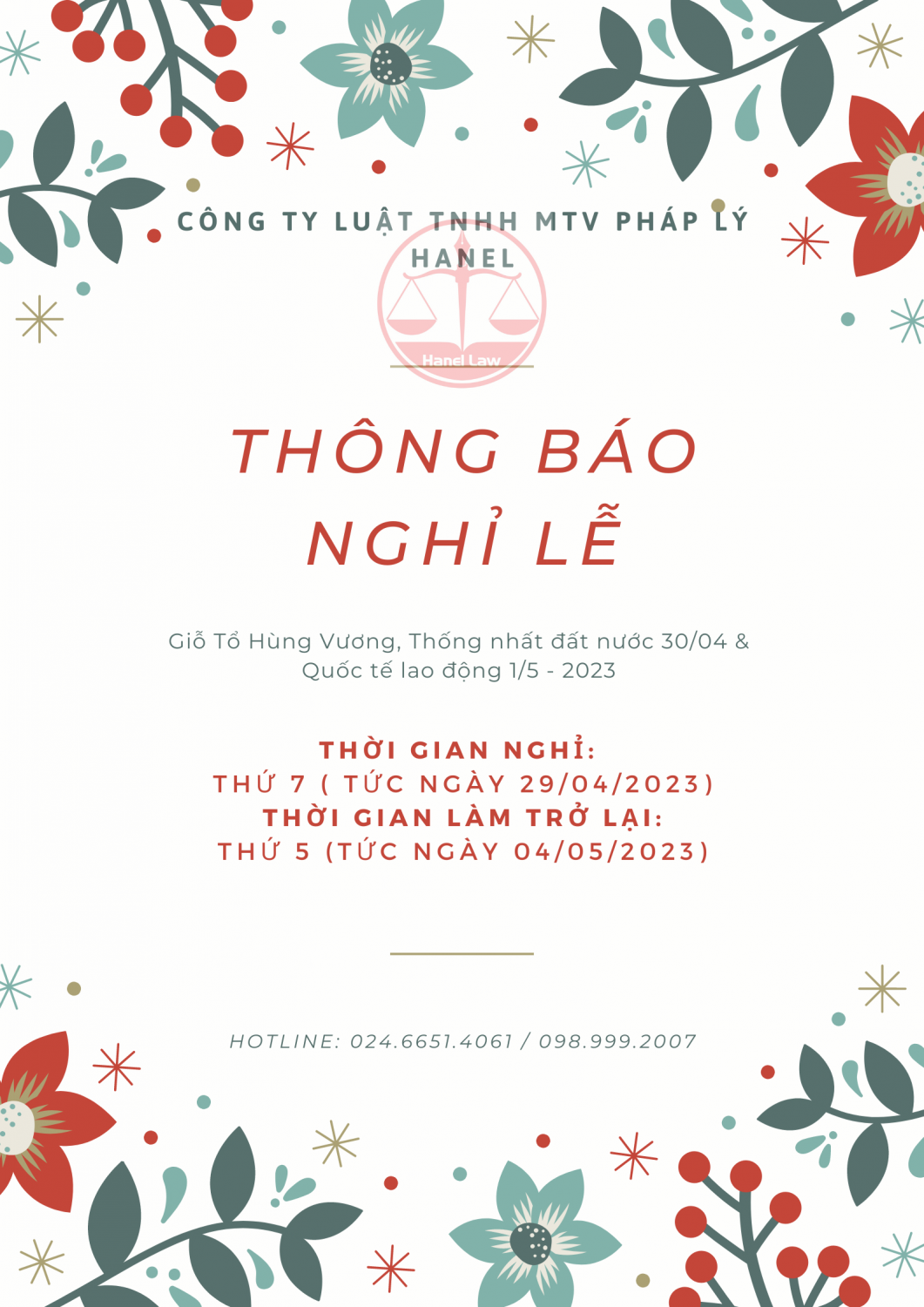 THÔNG BÁO NGHỈ LỄ 2023