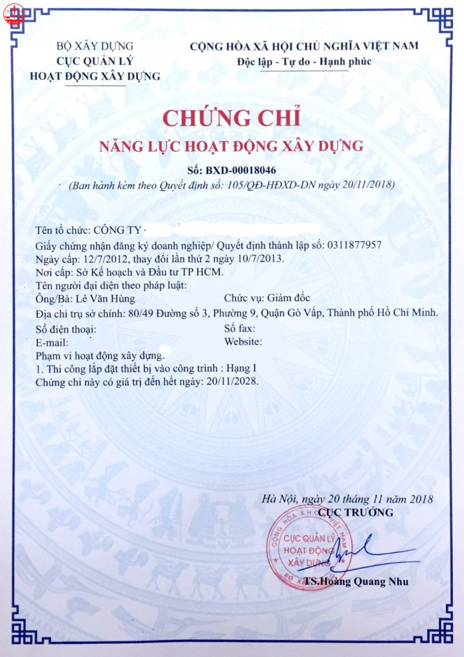 CHỨNG CHỈ NĂNG LỰC HOẠT ĐỘNG XÂY DỰNG